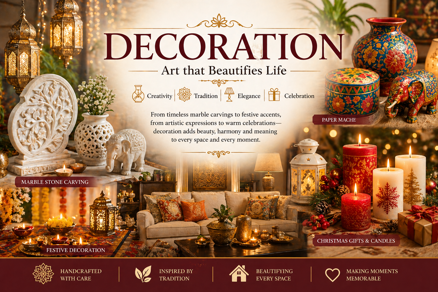 Decorative Indian craft objects arranged for display