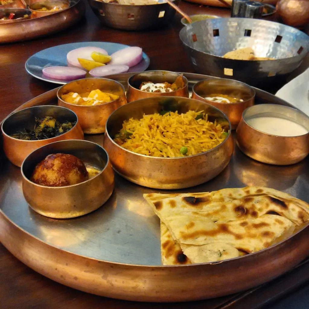 Indian thali with rice, naan, vegetables, raita, papad and sweets served in metal bowls