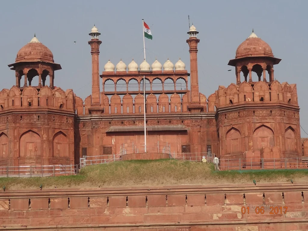 Indian national flag flying above the Red Fort in Delhi