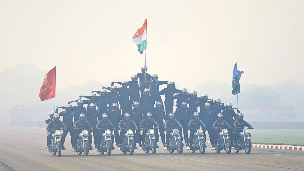 Motorcycle formation carrying the Indian national flag during the Republic Day Parade 2025