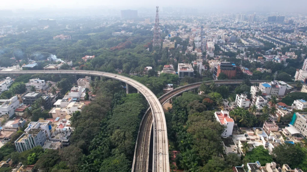 Aerial view of Bengaluru metro corridor and surrounding city roads