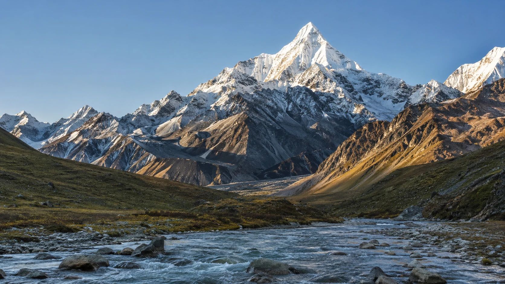 Snow-covered Himalayan peaks above a clear mountain stream and alpine meadow at sunrise