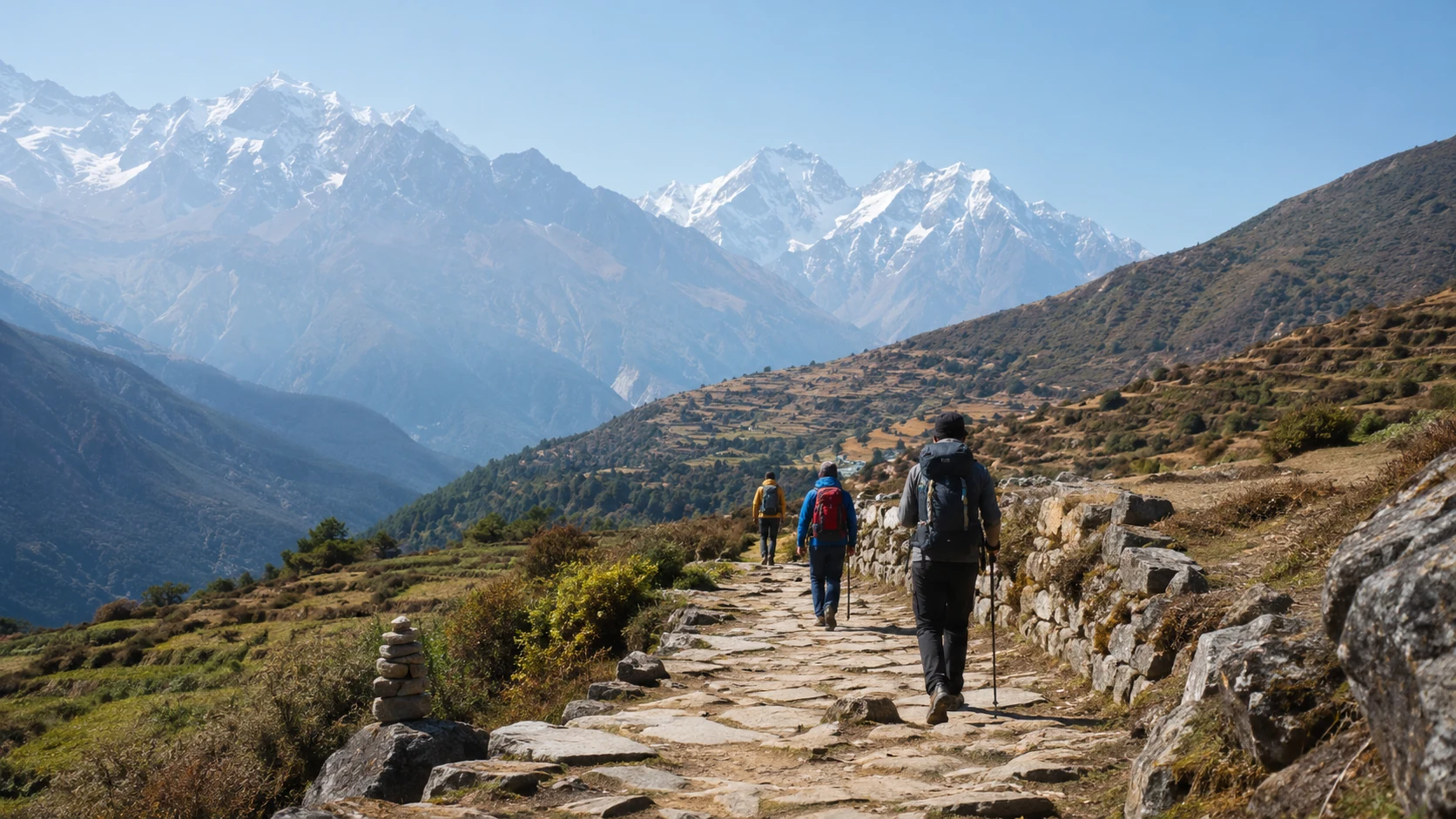 Travellers walking on a safe Himalayan mountain trail with terraced hills and snow ridges in the distance