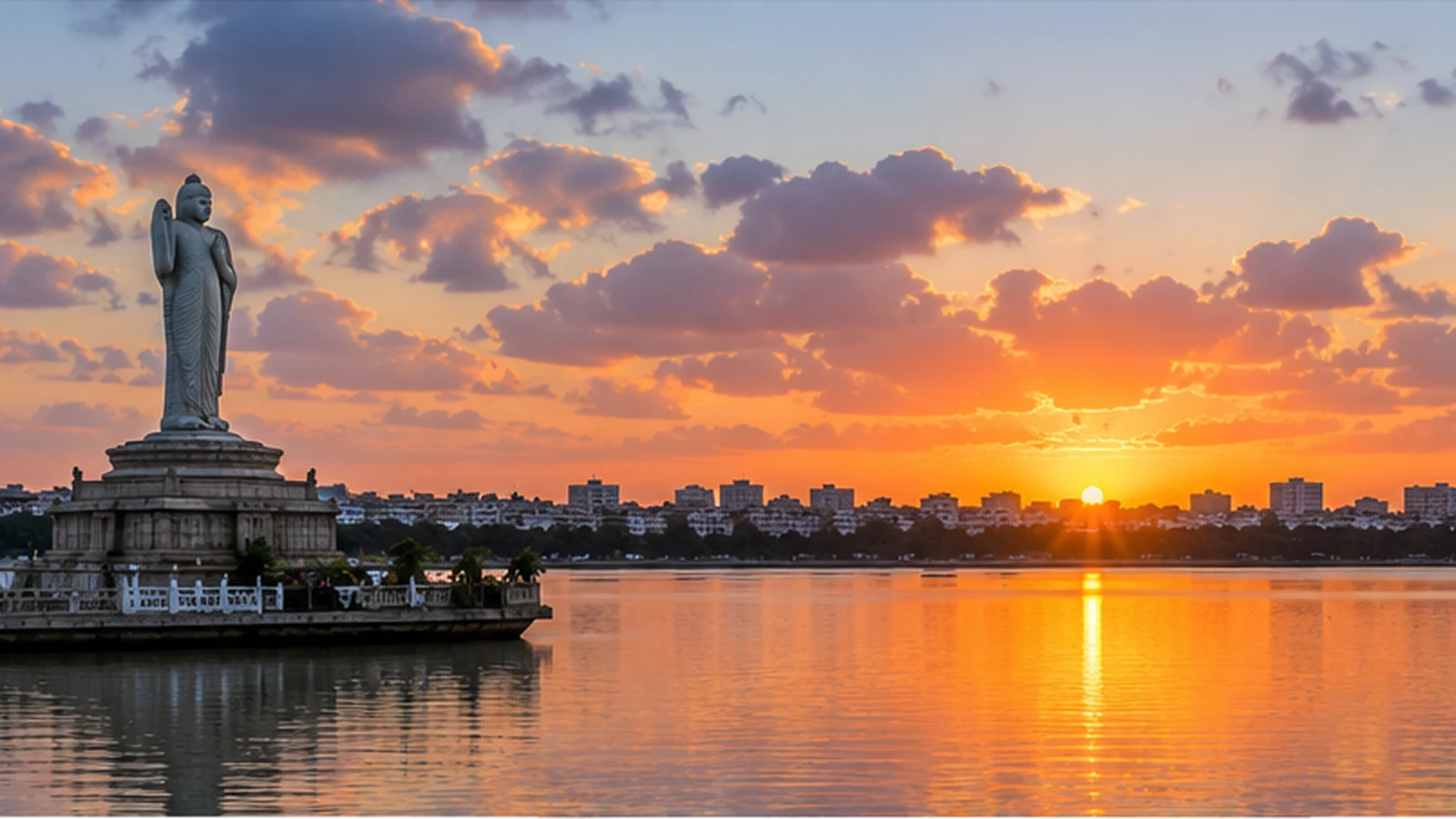 Editorial view of Hussain Sagar at sunset with the Buddha statue and Hyderabad skyline