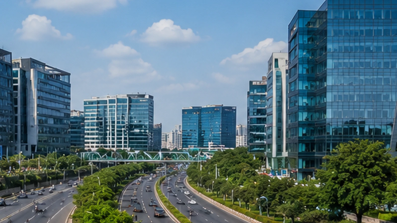 Editorial view of a landscaped road through Hyderabad’s modern technology and business district