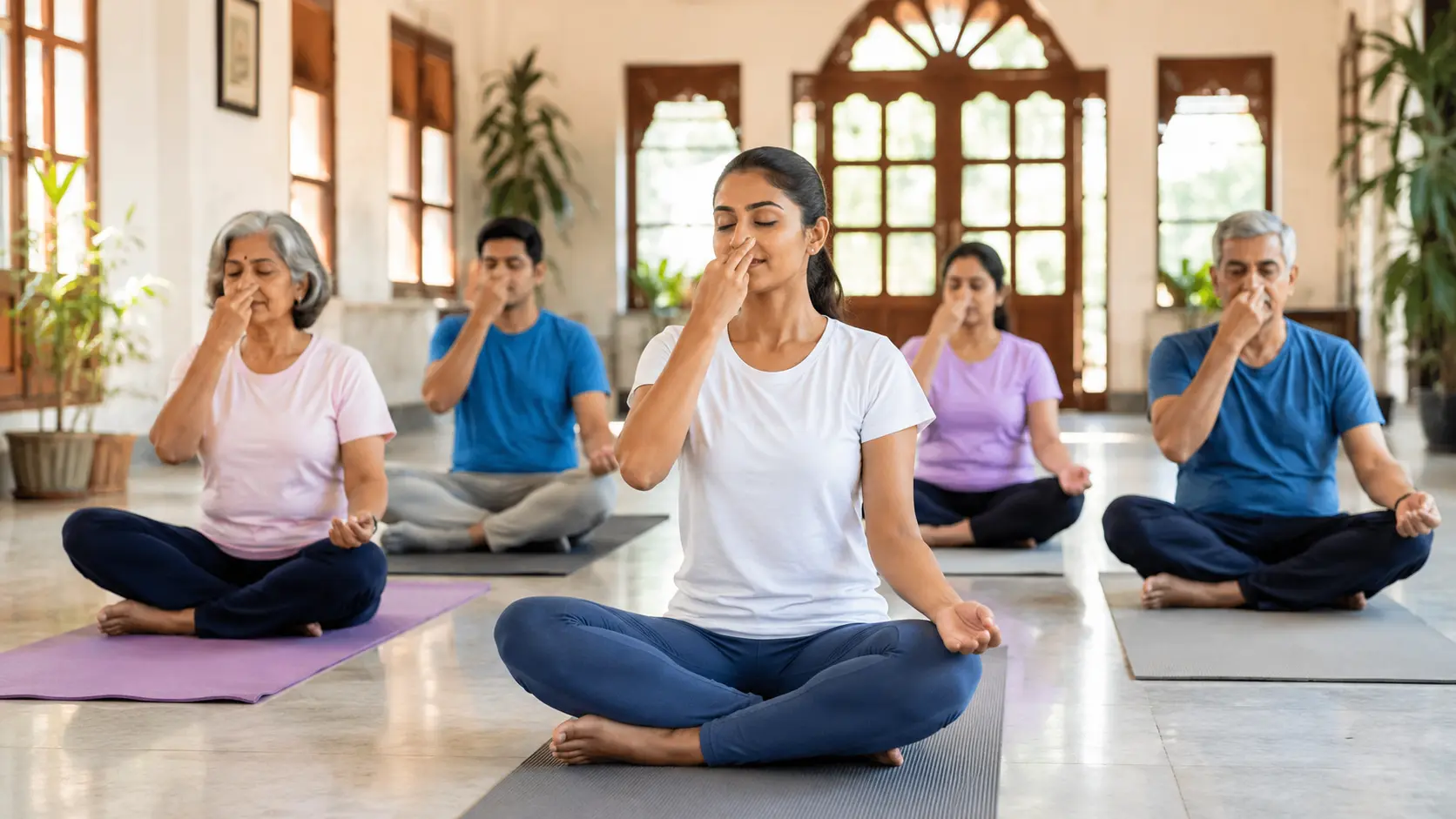 Mixed-age group practising simple Yoga postures in a bright Indian community hall