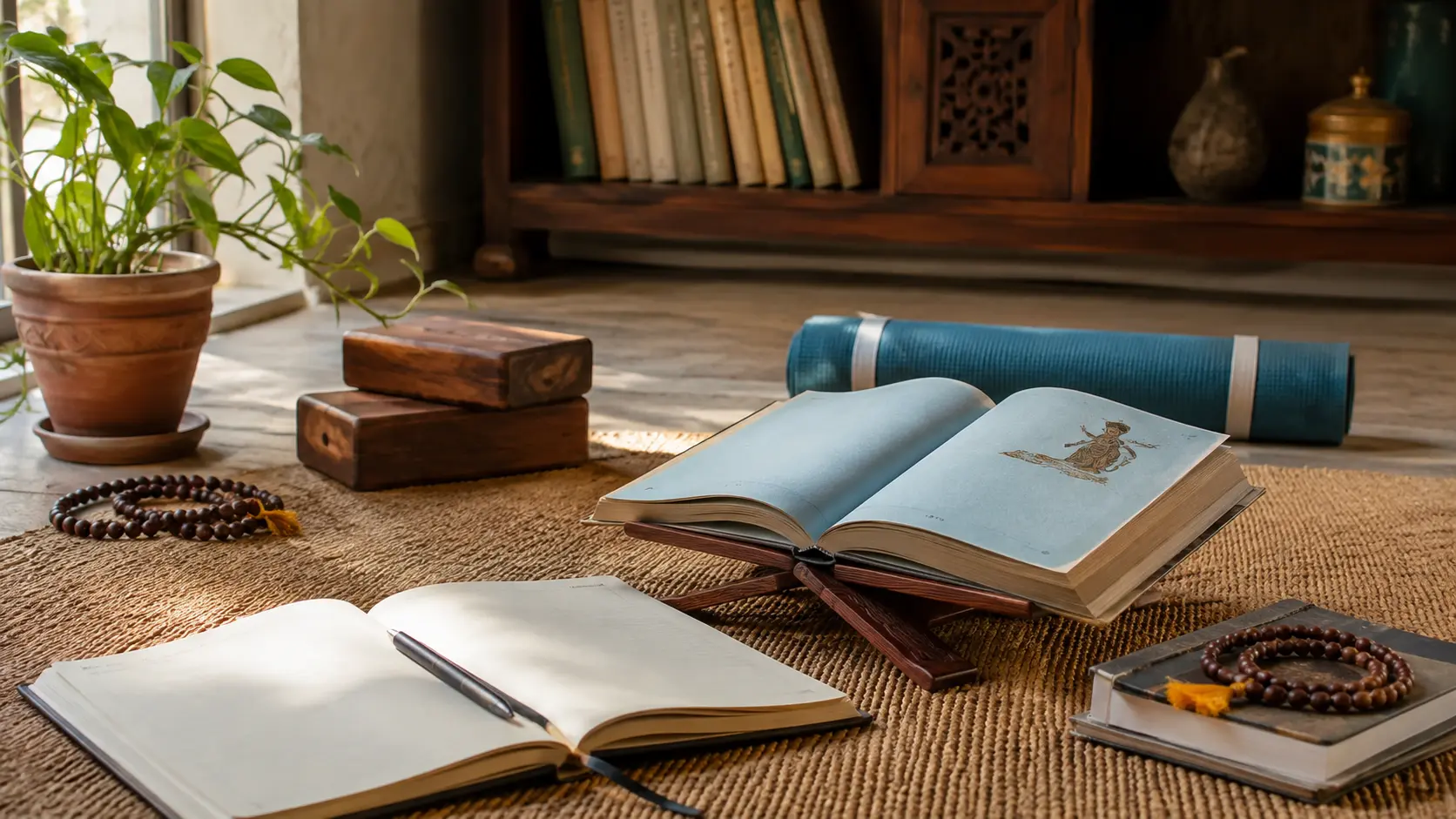 Yoga study materials and practice objects arranged in a quiet Indian interior