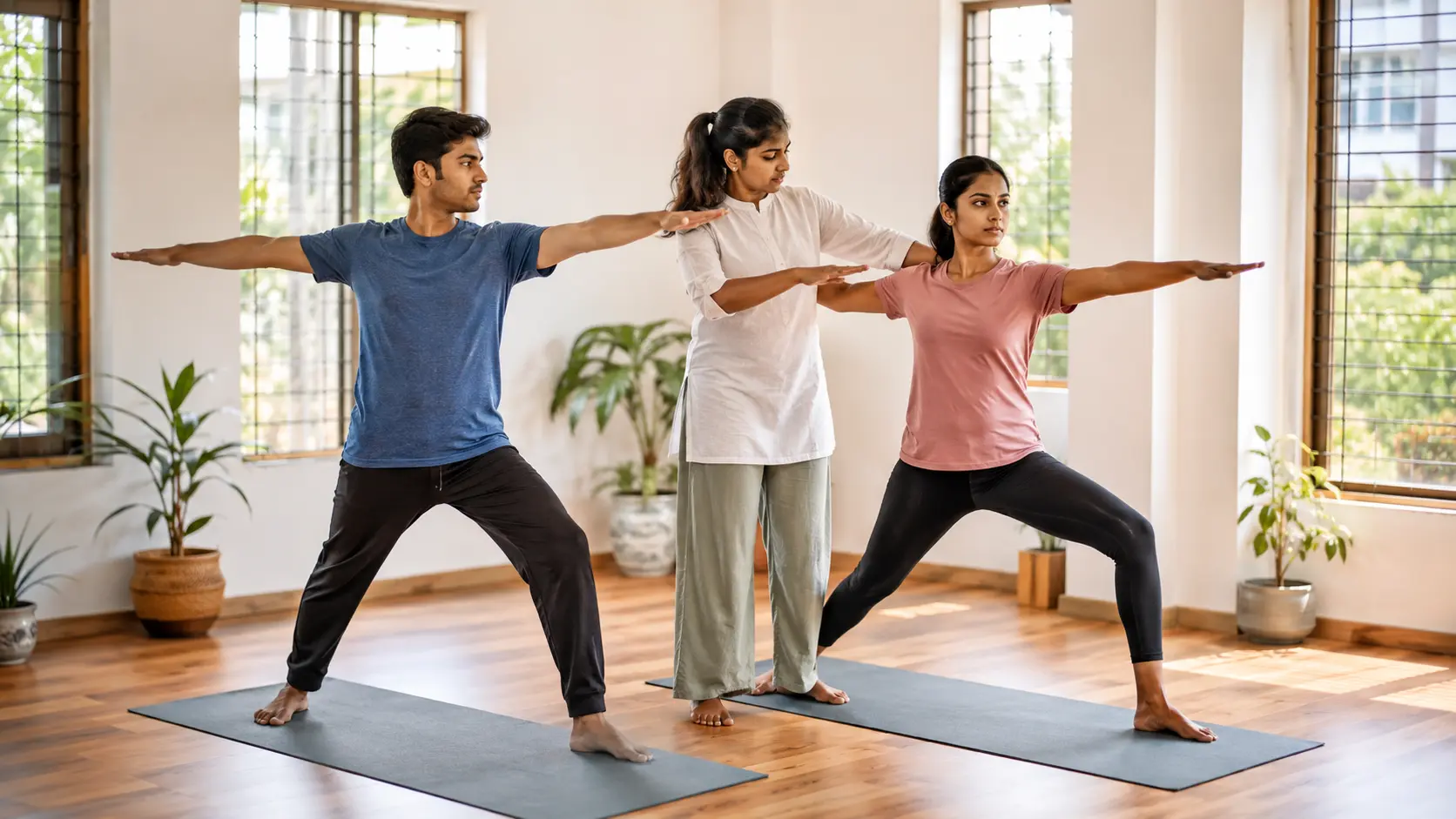 Yoga teacher guiding beginners through a simple standing posture in an Indian studio